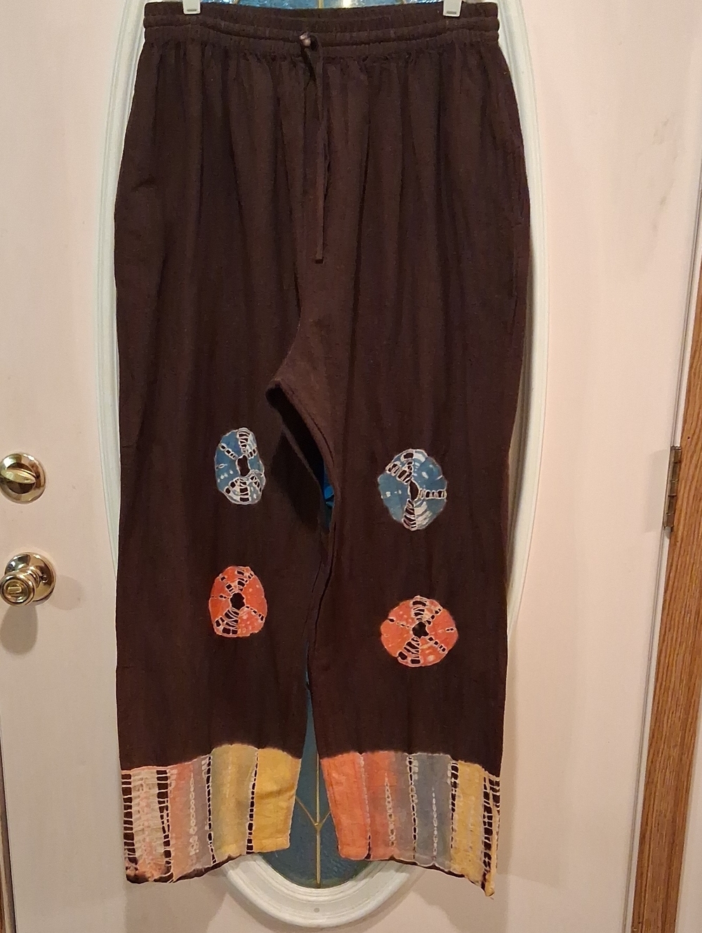 Brown Patchwork Unisex Joggers with Tie-Dye Accents W/belt Or Headband.